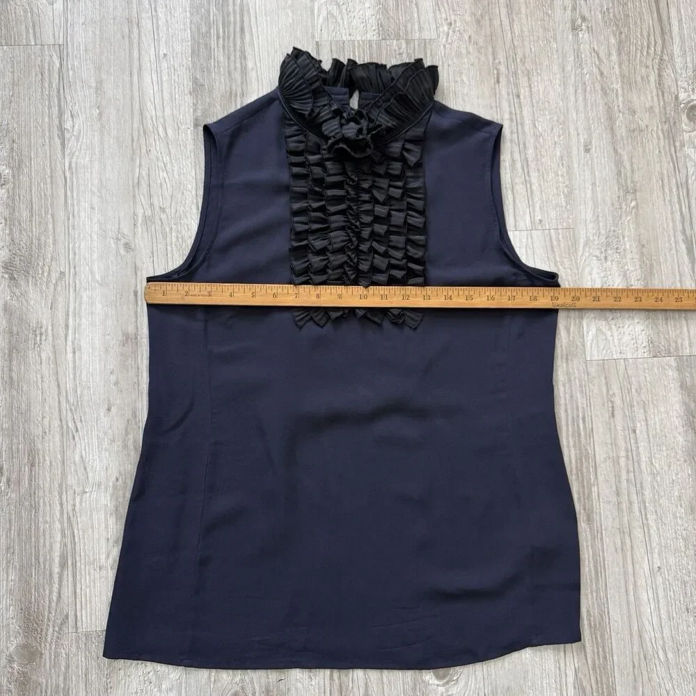 Tory Burch Silk Tuxedo Top Size 8 Dark Blue Ruffle Collar Academia Goth Blouse